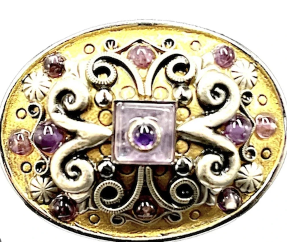 Michal Golan Purple Crystal & Amethyst Glass Oval Statement Brooch Pin Signed - Picture 2 of 4